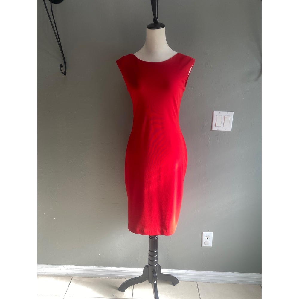 Laundry Red Low‎ Back Bodycon Sheath Dress Sleeveless Boat Neck Cocktail Midi